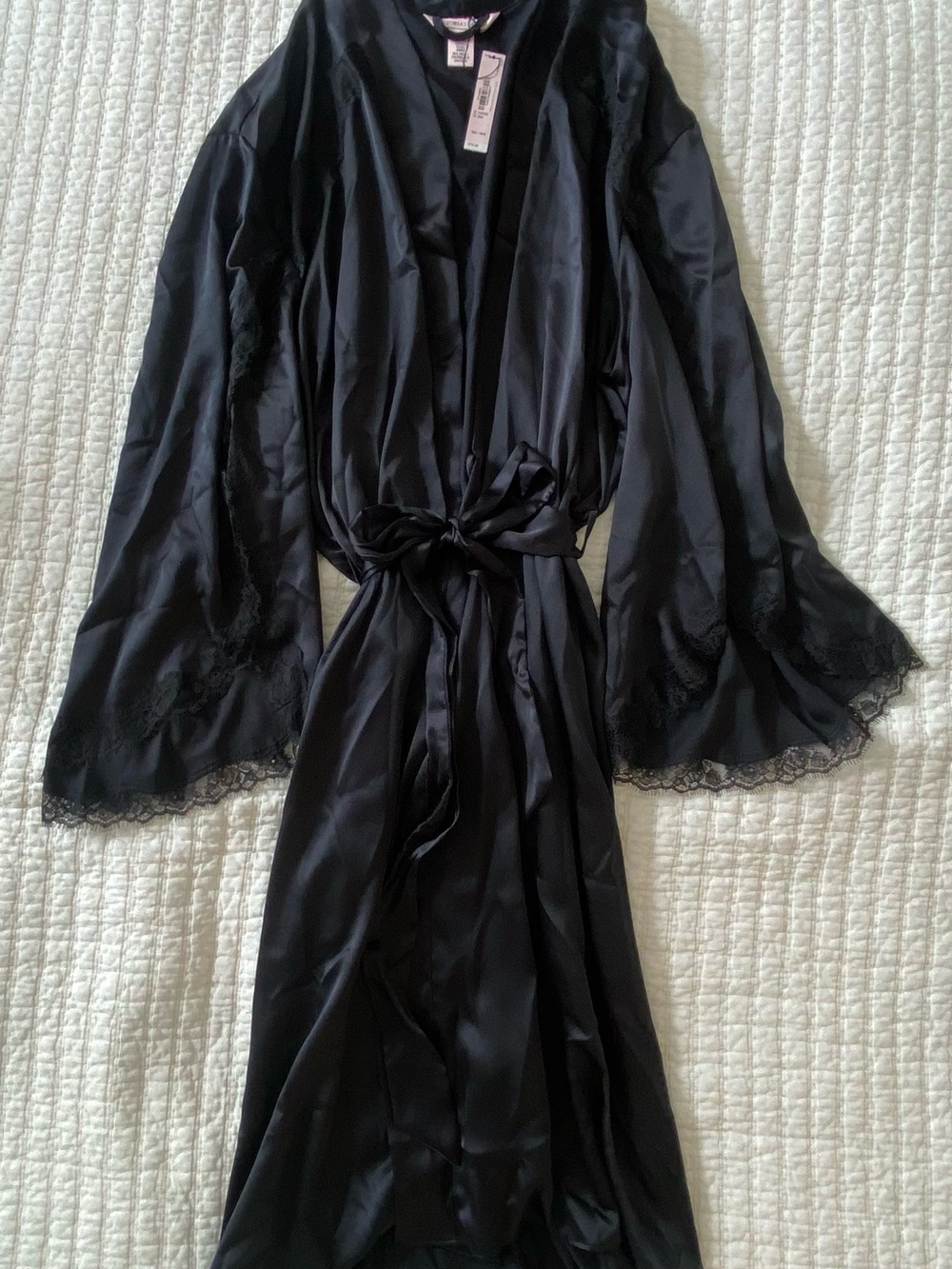 Victoria's Secret Black Satin Lace-Trim Kimono-Style Robe